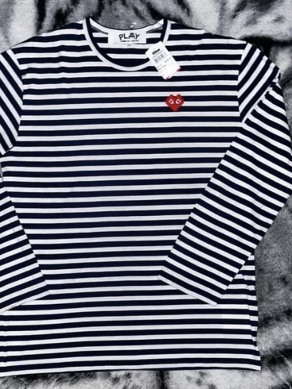 Comme des Garçons PLAY Striped Long Sleeve Tee Navy White Red Heart NWT 2XL